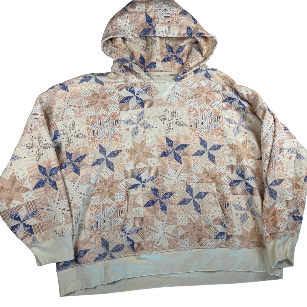 American Eagle Patchwork Star Print Fleece Hoodie XL Blue Tan Cream Pullover